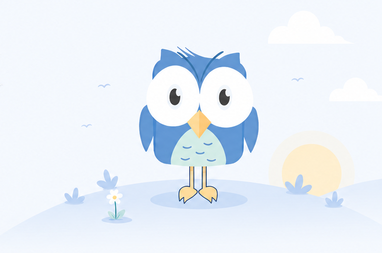 A sad owl mascot, waving goodbye