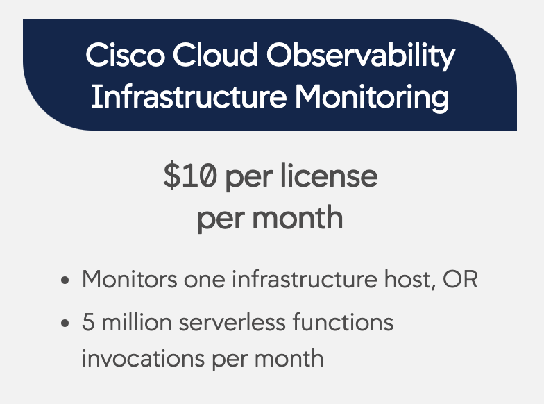 Cisco Cloud Observability Infrastructure Monitoring: $10 per license per month