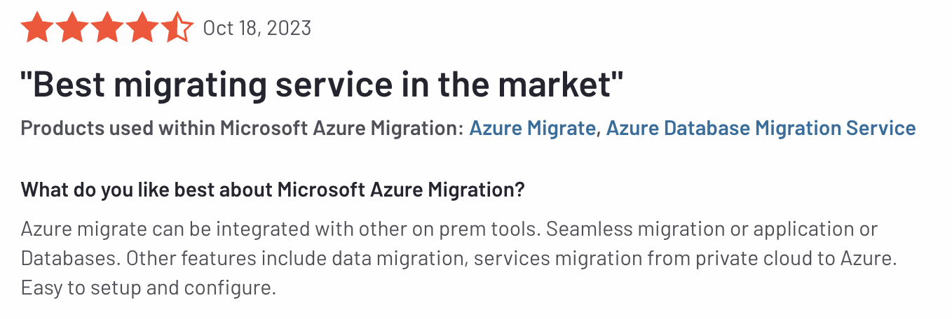 Azure migrate can be integrated with other on prem tools. Seamless migration or application or Databases. Other features include data migration, services migration from private cloud to Azure. Easy to setup and configure.