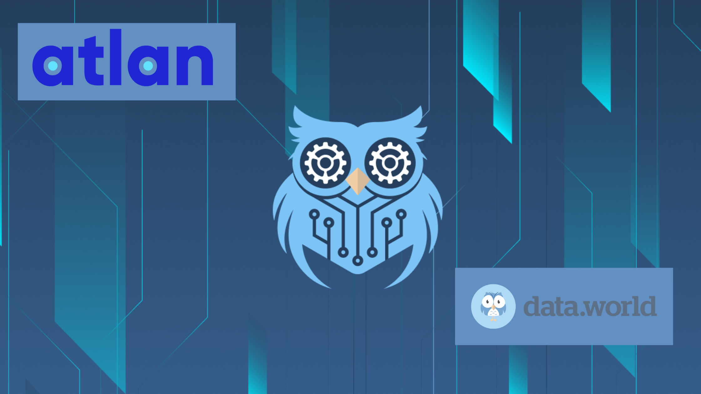 Image of data.world and atlan's logo, plus the data.world owl mascot against a blue background