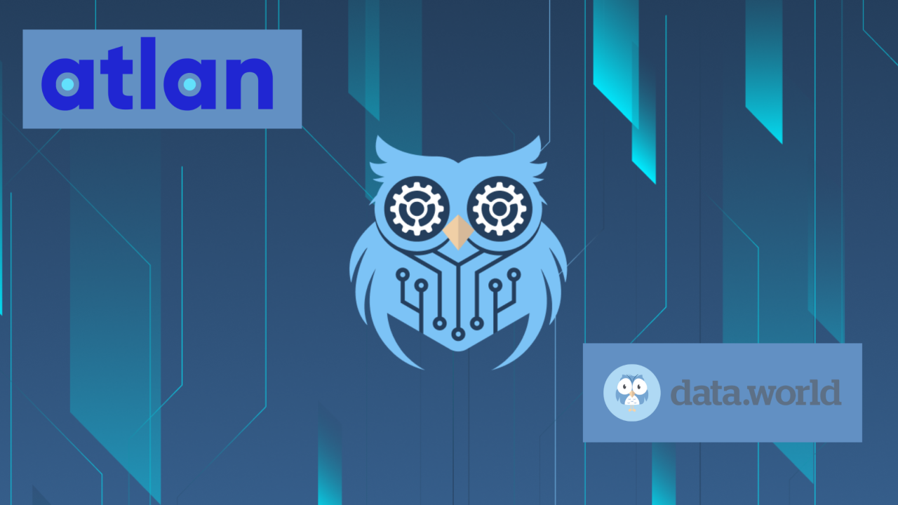 Image of data.world and atlan's logo, plus the data.world owl mascot against a blue background.