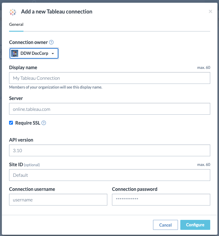 New Tableau Connection Screenshot